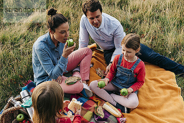 Familie beim Essen auf der Picknickdecke auf der Rasenfläche