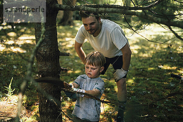 Vater schaut seinem Sohn zu  wie er mit der Handsäge einen Ast eines Baumes schneidet