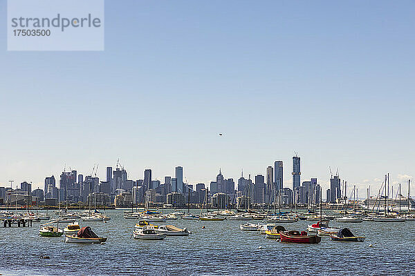 Australien  Melbourne  Victoria  klarer Himmel über Booten  die im Hafen von Williamstown schwimmen  mit der Skyline der Stadt im Hintergrund