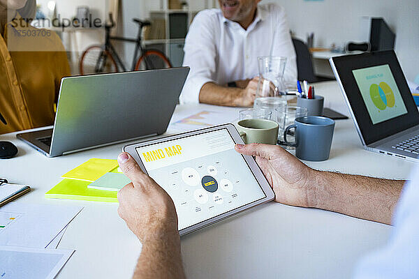 Geschäftsmann liest Mindmap-Präsentation auf Tablet-PC im Büro