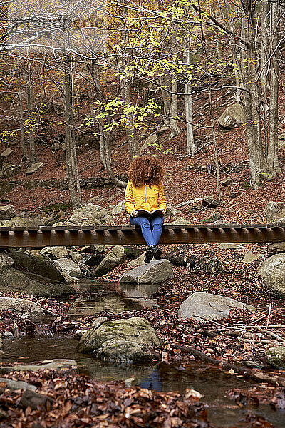 Junge Frau liest Buch auf Holzbrücke im Wald