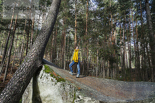 Frau steht auf einem Felsen inmitten von Bäumen im Wald