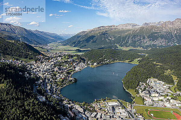 Switzerland  Canton of Grisons  Saint Moritz  Town in Engadin valley with lake in center