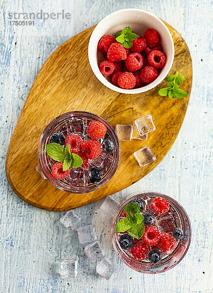 Zwei Gläser Gin Tonic mit Minze  Eiswürfeln und rohen Beeren