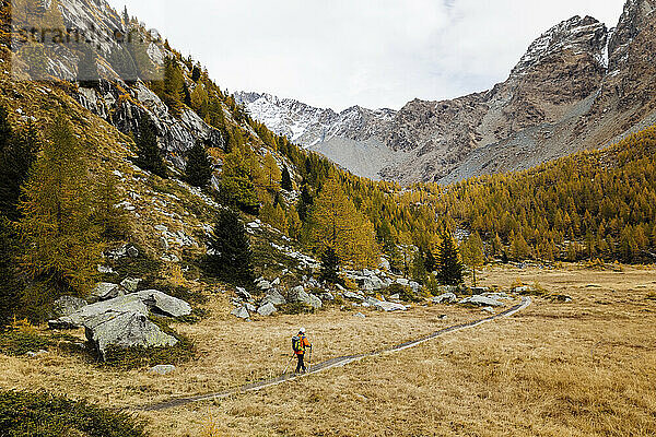 Älterer Tourist geht auf Fußweg in den Rätischen Alpen  Italien
