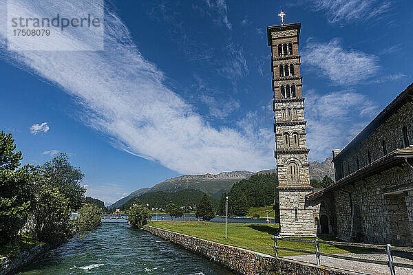 Switzerland  Canton of Grisons  Saint Moritz  Bell tower of Katholische Kirche Sankt Karl Borromaus
