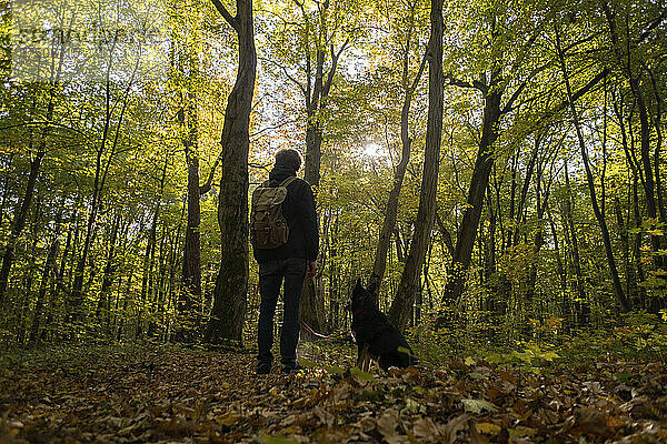 Junger Mann mit Hund wandert im Wald
