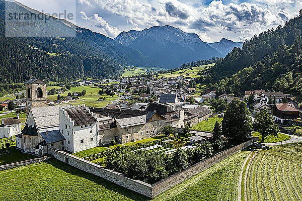 Switzerland  Canton of Grisons  Val Mustair  Aerial view of Benedictine Abbey of Saint John