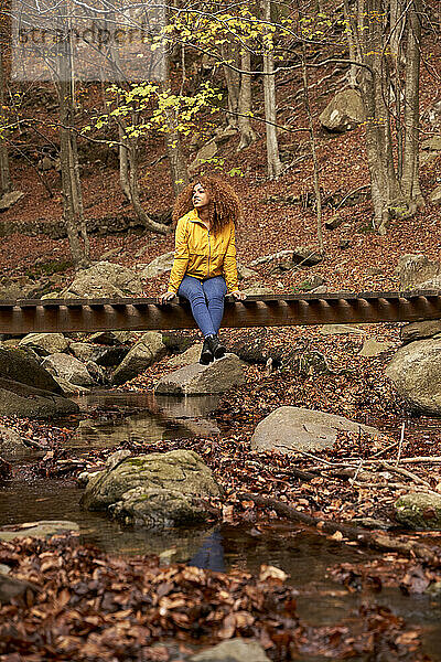 Frau sitzt auf Holzbrücke im Herbstwald