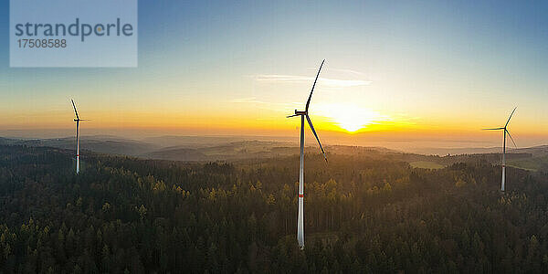 Luftpanorama eines Windparks im bewaldeten Schurwald-Gebirge bei Sonnenuntergang