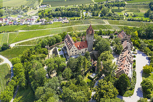 Deutschland  Baden-Württemberg  Brackenheim  Helikopterblick auf Schloss Stocksberg und das umliegende Dorf im Sommer