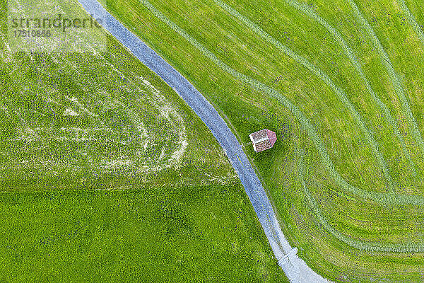Germany  Bavaria  Upper Bavaria  Tolzer Land  near Eurasburg  Wiese  Chapel and dirt road in green field  aerial view