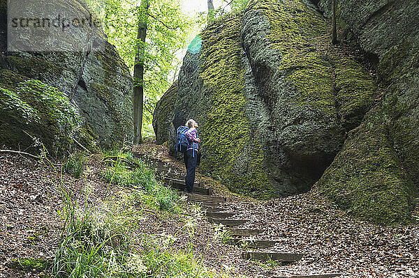 Älterer Mann mit Rucksack steht auf Stufen im Thüringer Wald  Deutschland