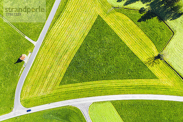 Germany  Bavaria  Hopferau  Drone view of Kapelle Saint Antonius and triangle shaped field in spring