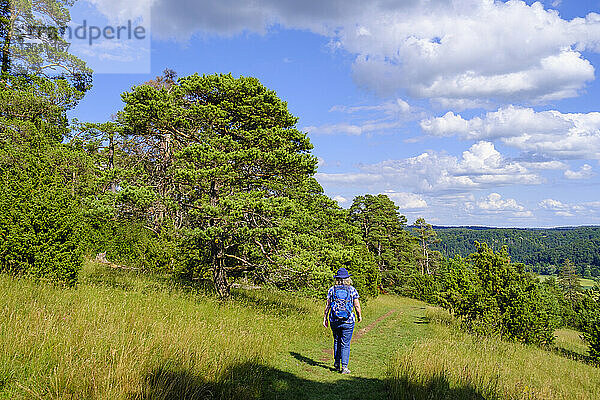 Senior woman hiking in Altmuhl Valley Nature Park during spring