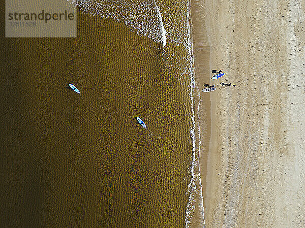 Aerial view of surfers on sandy coastal beach of Barents Sea