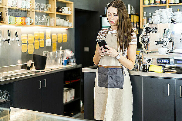 Junge Besitzerin benutzt Smartphone  während sie im Café steht