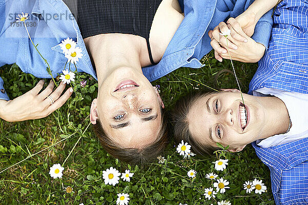 Nahaufnahme lächelnder junger Freunde  die auf einer Wiese im Garten liegen