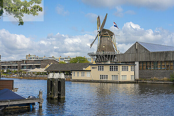 Niederlande  Südholland  Leiden  Rheinkanal mit historischer DHeesterboom-Windmühle im Hintergrund