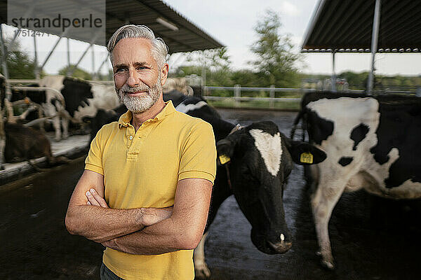 Portrait of a confident mature farmer at cow house on a farm