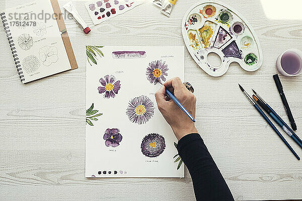 Frau malt Blumen mit Wasserfarben  Draufsicht