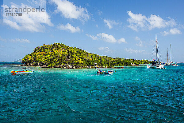 Segelboote vor Anker in den Tobago Cays vor blauem Himmel  St. Vincent und die Grenadinen  Karibik
