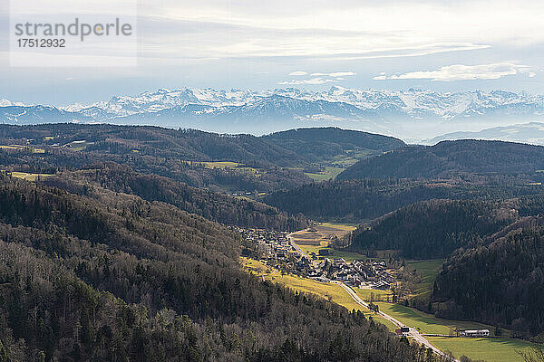 Schweiz  rund um Zürich  Dorf im Tal mit schneebedeckten Bergen im Hintergrund  Luftaufnahme