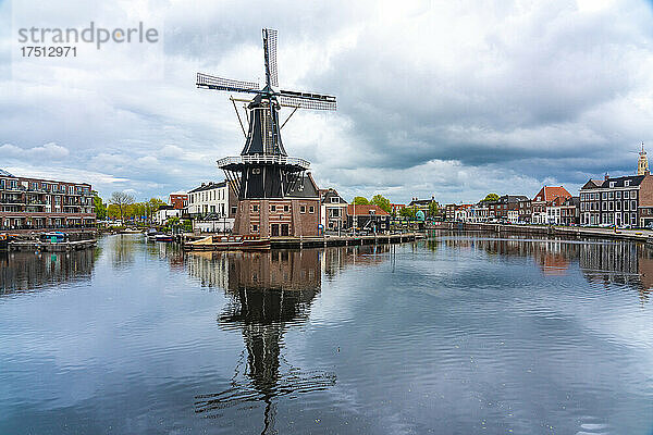 Niederlande  Nordholland  Haarlem  Spaarne-Flusskanal und De Adriaan-Windmühle
