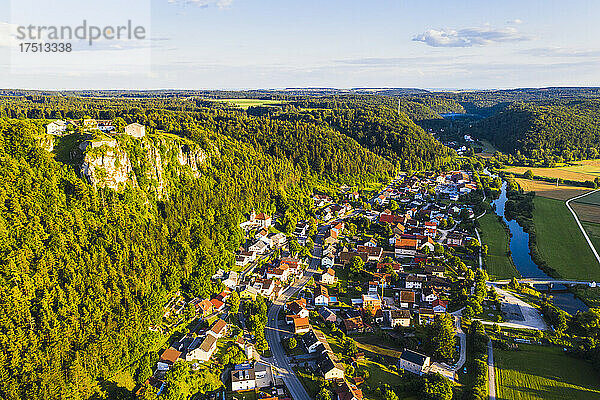 Germany  Bavaria  Kipfenberg  Drone view of riverside village in spring