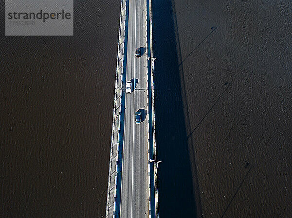 Russia  Republic of Karelia  Sortavala  Aerial view of bridge stretching across Lake Ladoga