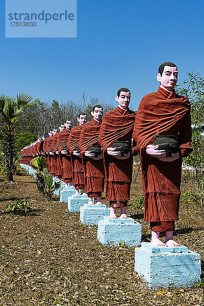 Myanmar  Mon state  outside of Mawlamyine  Row of Buddhist monks statues at Win Sein Taw Ya