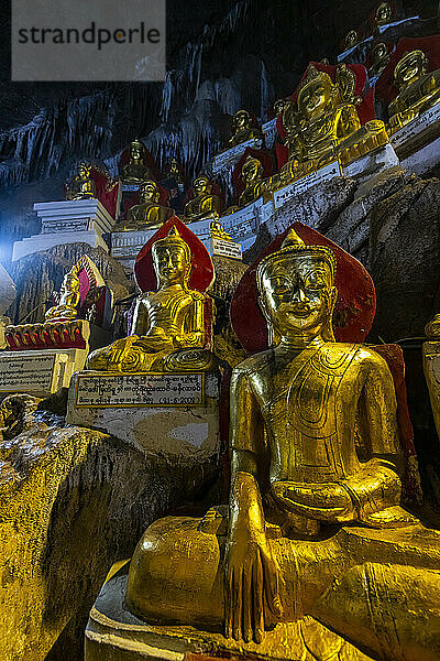 Myanmar  Shan State  Pindaya  Golden Buddha statues inside Pindaya Caves