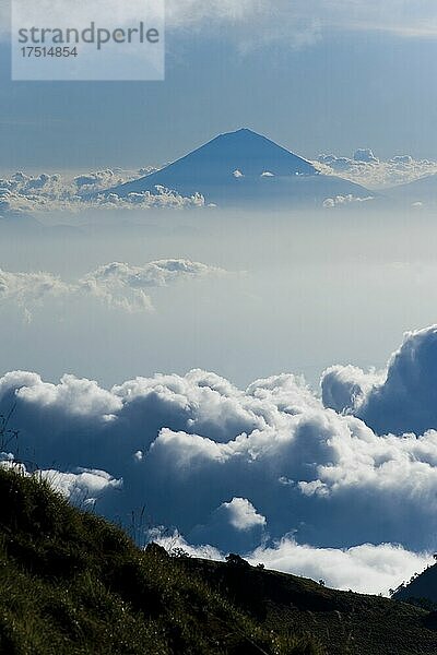 Mount Agung  der höchste Vulkan auf Bali  erhebt sich hoch über den Wolken vom Campingplatz am ersten Tag des dreitägigen Mount Rinjani Trek  Lombok  Indonesien  Asien
