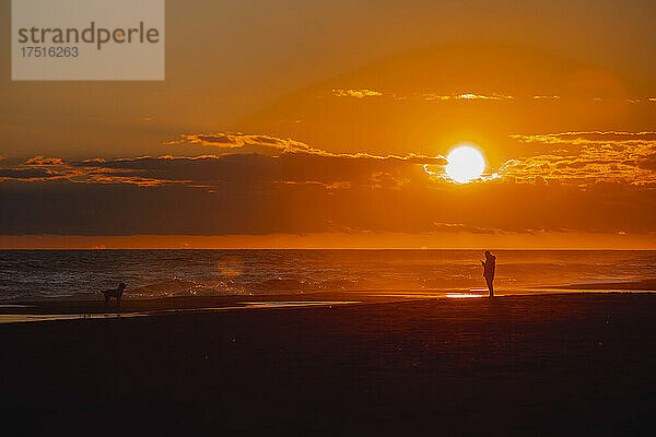 Silhouette eines Mannes  der bei Sonnenuntergang mit dem Hund am Strand spazieren geht