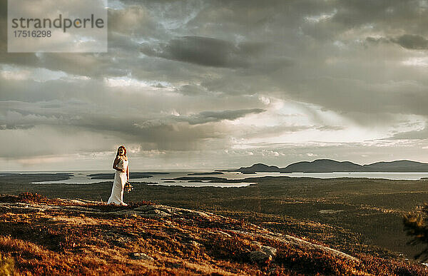 Braut auf einem Berg mit unglaublichem Meerblick in der Ferne  Maine