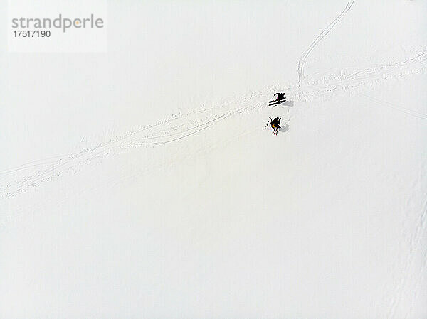Skifahrer stehen allein auf einem verschneiten Feld
