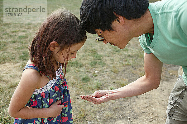 Ein Vater und ein kleines Mädchen betrachten sorgfältig etwas in seinen Händen
