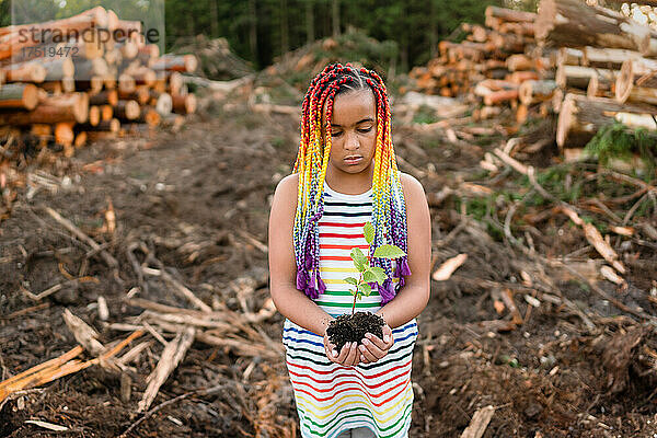 Mädchen hält Setzling vorsichtig auf Abholzungsstelle