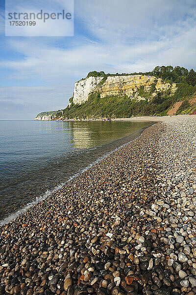 Kiesstrand und Klippen von Seaton Hole bei Flut  Seaton  Jurassic Coast  UNESCO-Weltkulturerbe  Devon  England  Vereinigtes Königreich  Europa