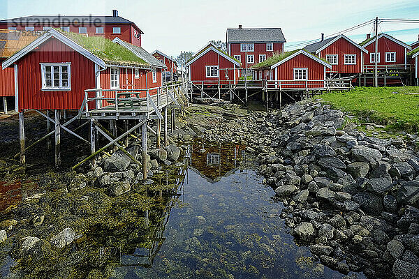 Rote Gebäude zieren die Küste im Kabeljaufischerdorf Reine  Lofoten  Nordland  Norwegen  Skandinavien  Europa