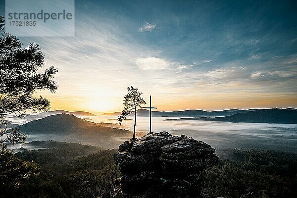 Blick auf dem Rötzenfels zum Sonnenaufgang  mit Baum und kreuz  Morgenstimmung mit toller Landschaft im Nebel  Rötzenfelsen  Missverständnisse  Rheinland Pfalz  Deutschland  Europa