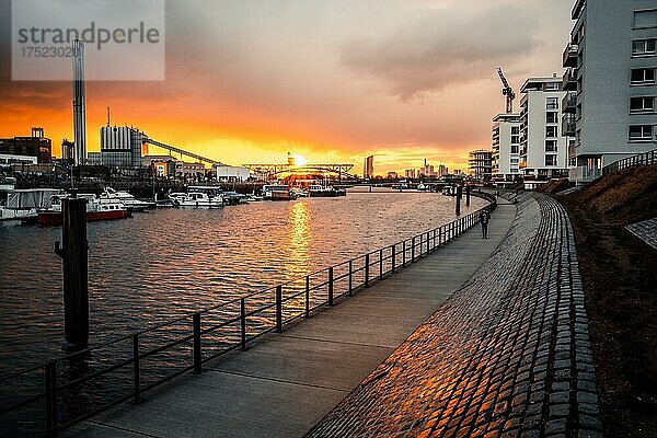 Blick über den Hafen Offenbach in den Sonnenuntergang und nach Frankfurt  Offenbach  Hessen  Deutschland  Europa