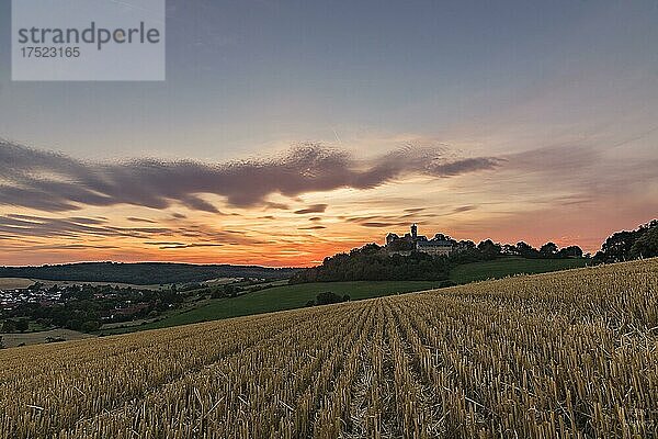 Die im 13. Jahrhundert erbaute Ronneburg liegt auf einem Bastaltkegel  vor einem abgeernteten Kornfeld im Sonnenuntergang Wetterau  Hessen  Deutschland  Europa