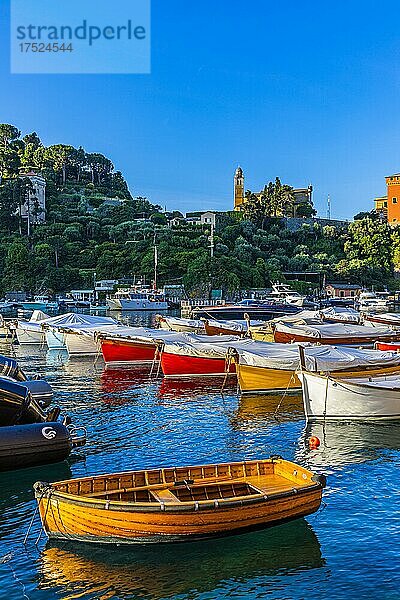 Boote ankern im Hafen von Portofino  dahinter die Kirche San Giorgio  Portofino  Ligurien  Italien  Europa