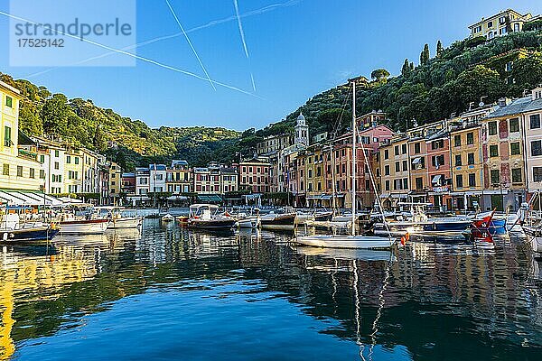 Boote ankern im Hafen von Portofino  dahinter pastellfarbene Häuserfassaden von Portofino  Kondensstreifen am blauen Himmel  Portofino  Ligurien  Italien  Europa