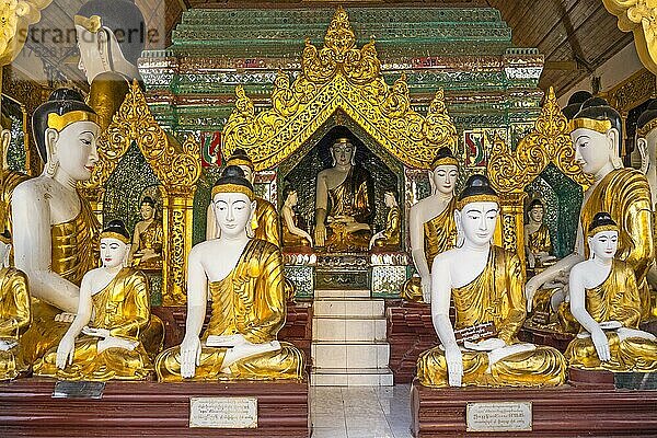 Buddhastatuen in Schrein  Shwedagon Pagode  Yangoon  Myanmar  Yangoon  Myanmar  Asien