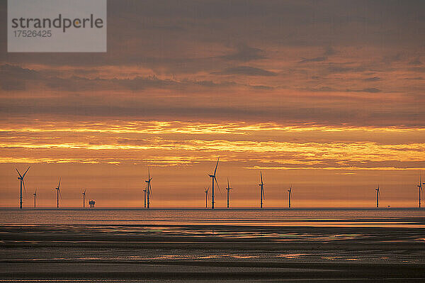 Offshore-Windpark bei Sonnenuntergang  New Brighton  Cheshire  England  Vereinigtes Königreich  Europa