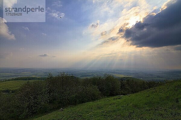 Sonnenstrahlen hinter Gewitterwolken  Berggipfel  Köterberg  Lügde  Weserbergland  Nordrhein-Westfalen