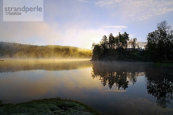 Erste Sonnenstrahlen an einem nebeligen Herbstmorgen an einem See  Vasstoppen  Bullaren Bohuslän  Schweden  Europa