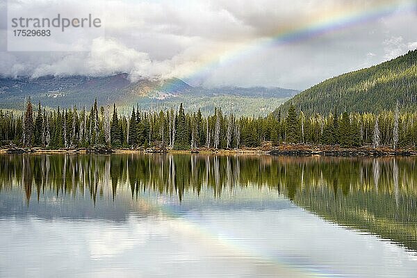 Regenbogen und Landschaft mit Wald spiegelt sich im See  Sparks Lake  Oregon  USA  Nordamerika
